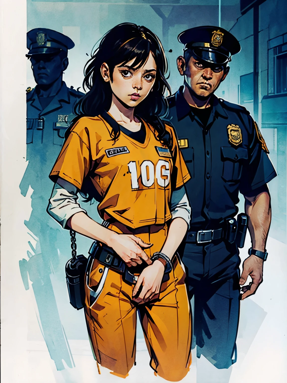 masterpiece, best quality, high resolution, draw, comic, hyper realism, jortega, alone, long hair, black hair, slim and athletic body, small breasts, inmate, ((wearing orange inmate suit)), very soft light, black night, concept art, horror, dark, very dark, art by Yoji Shinkawa, ink and watercolor, restrained, arrest, restrained ,handcuffs, shackles, in dark corridor, prison, ((escorted by two cops))