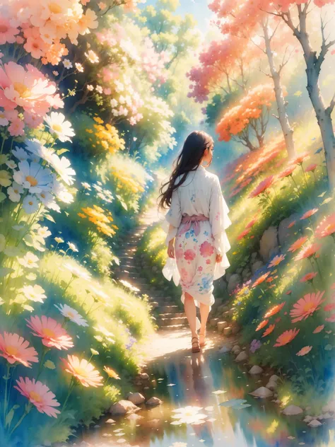 watercolor art, In this ethereal scenery, Dreams and reality are intertwined. The air is filled with the intoxicating fragrance ...