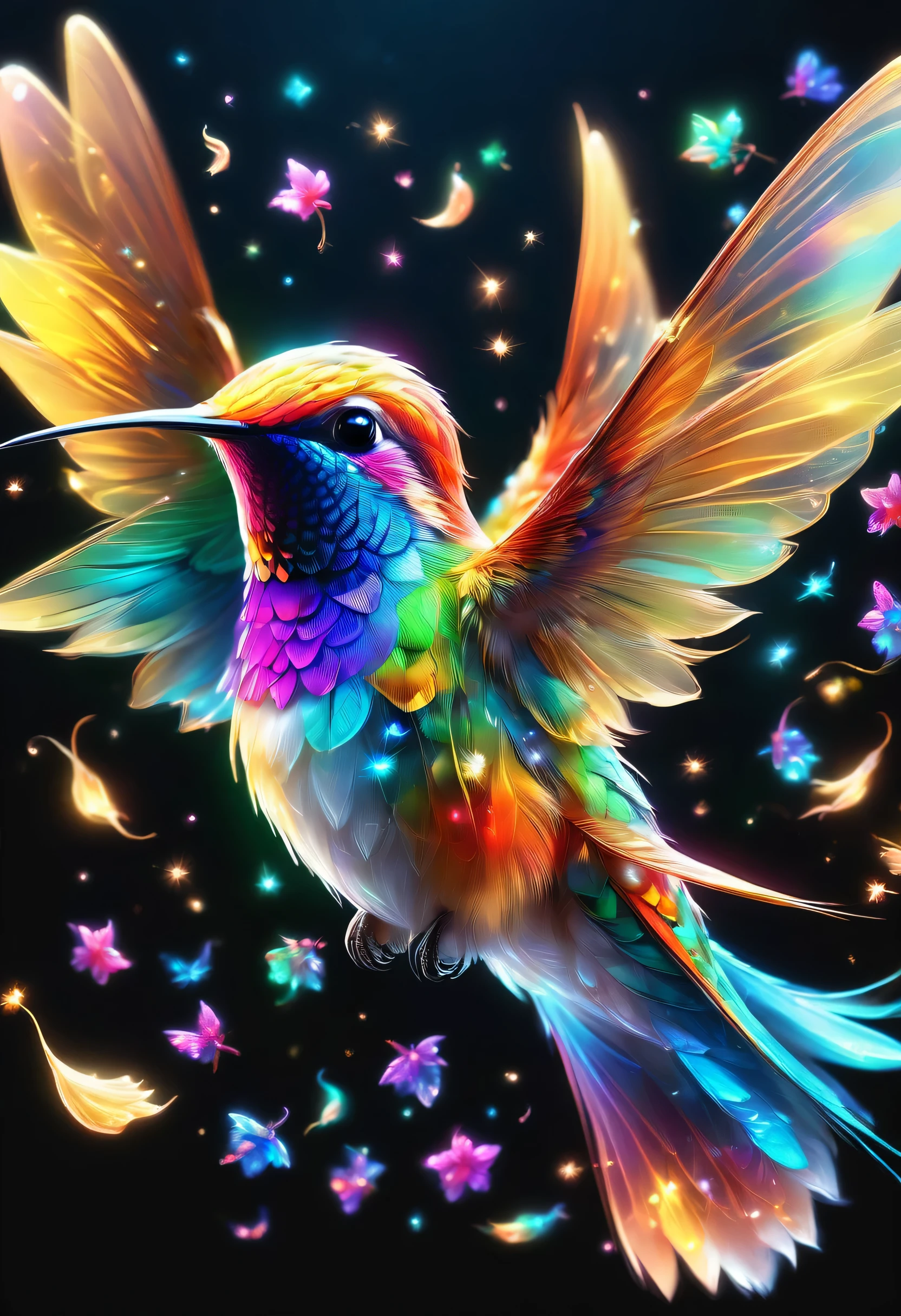 hummingbird isolated in black background,What a beautiful hummingbird,adorable,small,cute,very beautiful,rendering,realism,dream-like,magic essence,rich colors,Cast colorful spells,masterpiece,最高masterpiece,highest quality,8k,be familiar withなディティール,In detail,flash,とてもflash,reflection,Vibrant colors,be familiar with,delicately