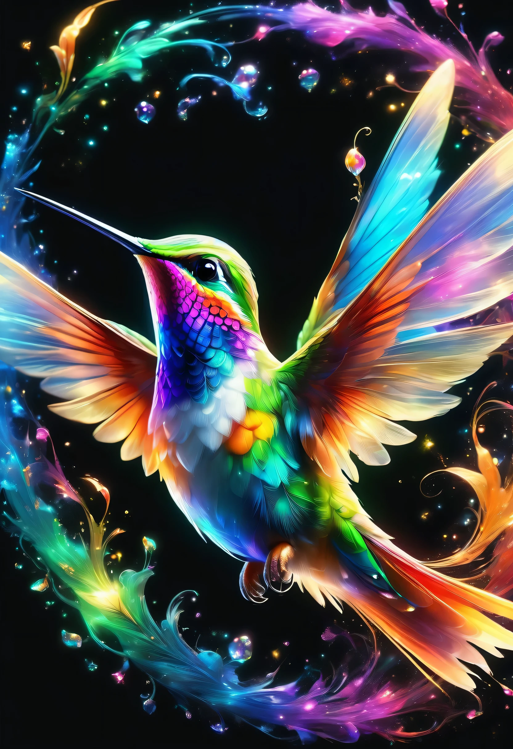hummingbird isolated in black background,What a beautiful hummingbird,adorable,small,cute,very beautiful,rendering,realism,dream-like,magic essence,rich colors,Cast colorful spells,masterpiece,最高masterpiece,highest quality,8k,be familiar withなディティール,In detail,flash,とてもflash,reflection,Vibrant colors,be familiar with,delicately