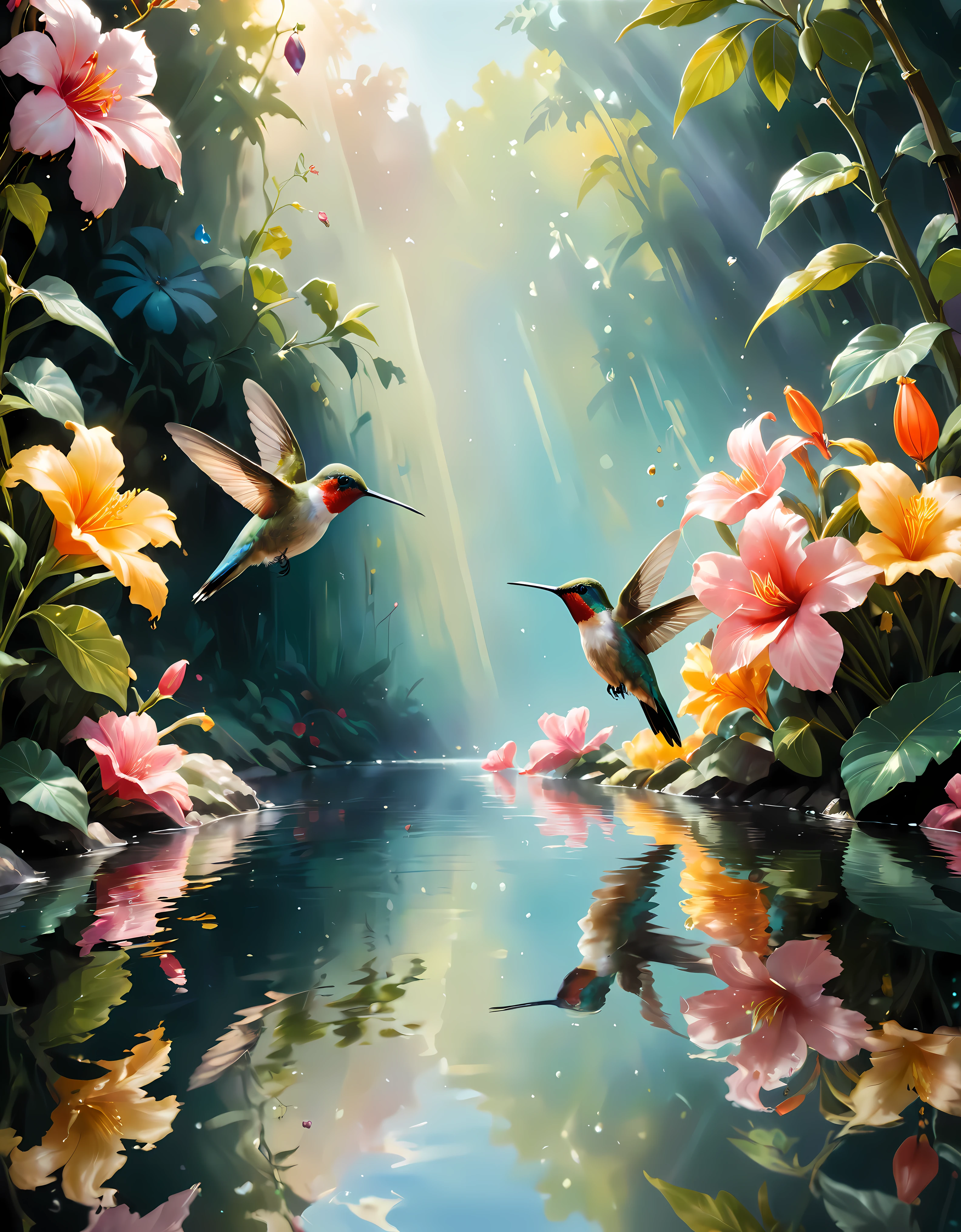 ((Doux_couleur_peinture:)1.5), ((Doux_couleur_tons):1.4), ((fond de réflexion de l&#39;eau cristalline):1.3), ((Doux couleur exotic hummingbirds):1.4)),((macro\ vue sur un jardin fleuri):1.2),((Images fixes et angles dynamiques dignes d&#39;un film):1.3), ((silhouette d&#39;ombre cool et belle):1.1), Gouache aux détails complexes, Ajoutez une touche de réalisme à ce chef-d&#39;œuvre visuellement détaillé et stylistiquement diversifié.,  Les coups de pinceau détaillés ont été améliorés, Un travail de pinceau soigné crée une atmosphère, Utiliser des techniques de coup de pinceau délicates mais puissantes, Créez une atmosphère enchanteresse. gouache très détaillée, ((Netteté et clarté inégalées):1.1), ((Radiosité rendue dans une superbe résolution 32K):1.3), Le tout capturé avec une mise au point nette.