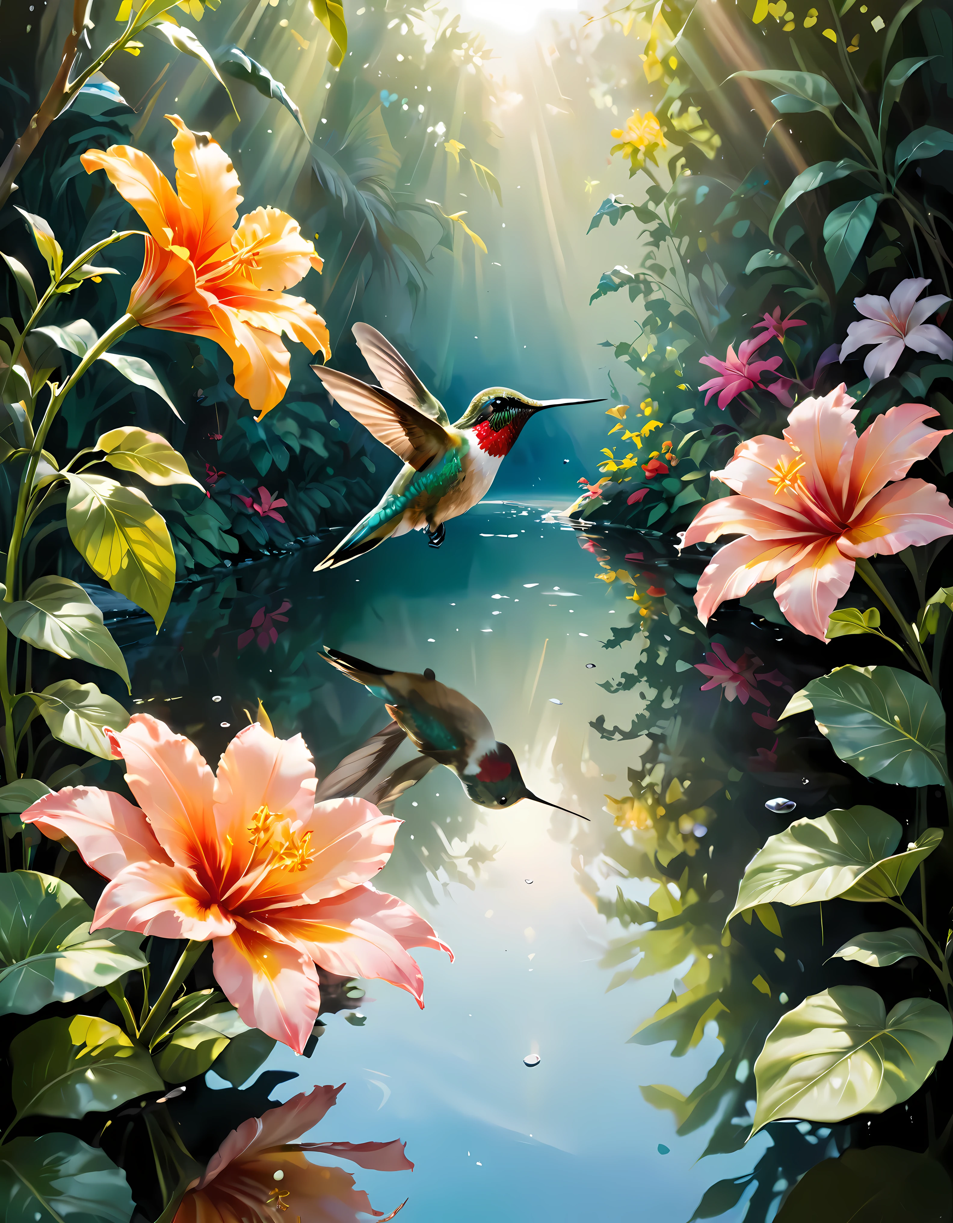 ((柔らかい_色_絵画:)1.5), ((柔らかい_色_トーン):1.4), ((透明な水の反射の背景):1.3), ((柔らかい 色 exotic hummingbirds):1.4)),((大きい\ 花園の眺め):1.2),((映画のような静止画とダイナミックなアングル):1.3), ((クールで美しい影のシルエット):1.1), 精巧なディテールのグアッシュ, 視覚的に詳細で、スタイル的に多様なこの傑作にリアリズムのタッチを加えます,  細かい筆遣いが強化されました, 丁寧な筆遣いが雰囲気を醸し出す, 繊細でありながら力強い筆遣いのテクニックを活用する, 魅惑的な雰囲気を演出. 非常に精巧なグアッシュ, ((比類のない鮮明さと鮮明さ):1.1), ((驚異的な32K解像度でレンダリングされたラジオシティ):1.3), すべて鮮明なフォーカスで撮影.