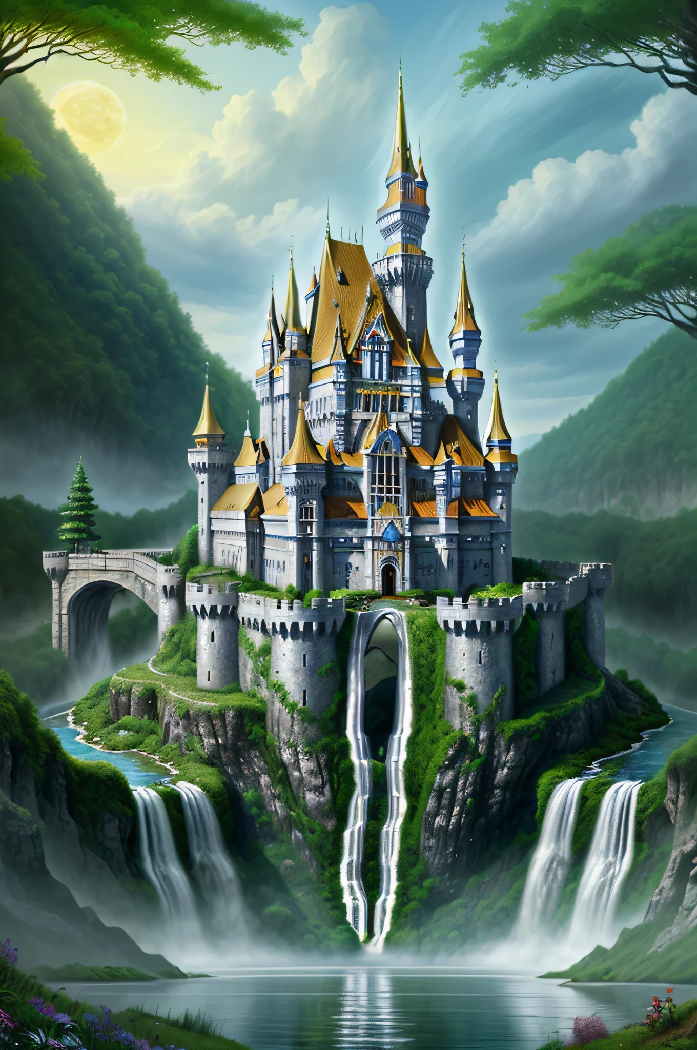 巨大なファンタジーのエルフの城, シルバーパレス, 滝, 森, 新たな世界の不思議, 傑作, 高品質,