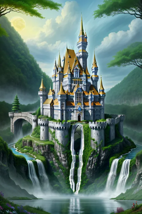 Огромный Fantasy elf castle, The Silver Palace, waterfall, the forest, new wonder of the world, Masterpiece, high quality,