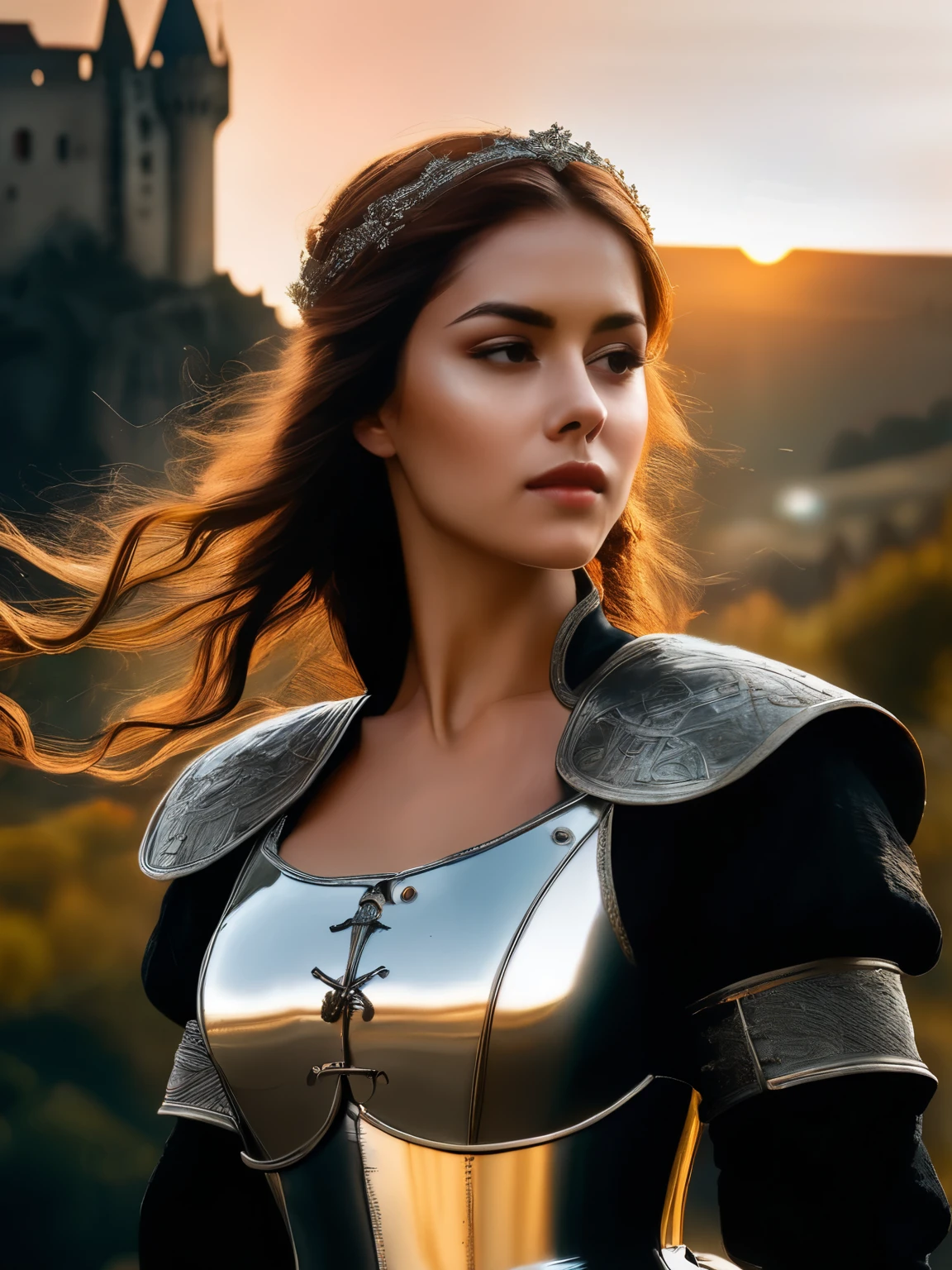 (Masterpiece), (Very complicated:1.3), (real), Picture of a girl, The most beautiful in the world, (Medieval armor), Upper body, in the fresh air, A distant castle, Professional portrait of a stunning, detailed woman, Intense focus, dramatic, Award winning, Cinema lighting, DTX volume measurement, (Film grains, Blurry background, The foreground is blurry, sad, Depth of field, sunset, Motion blur:1.3), 4K, 8k, High resolution, High resolutionr