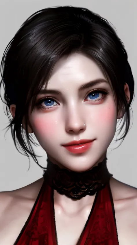 Photorealistic Ada Wong, fine messy short black hair, mid shot, fine skin, detailed body, muscular, alone, Wearing a Victorian d...