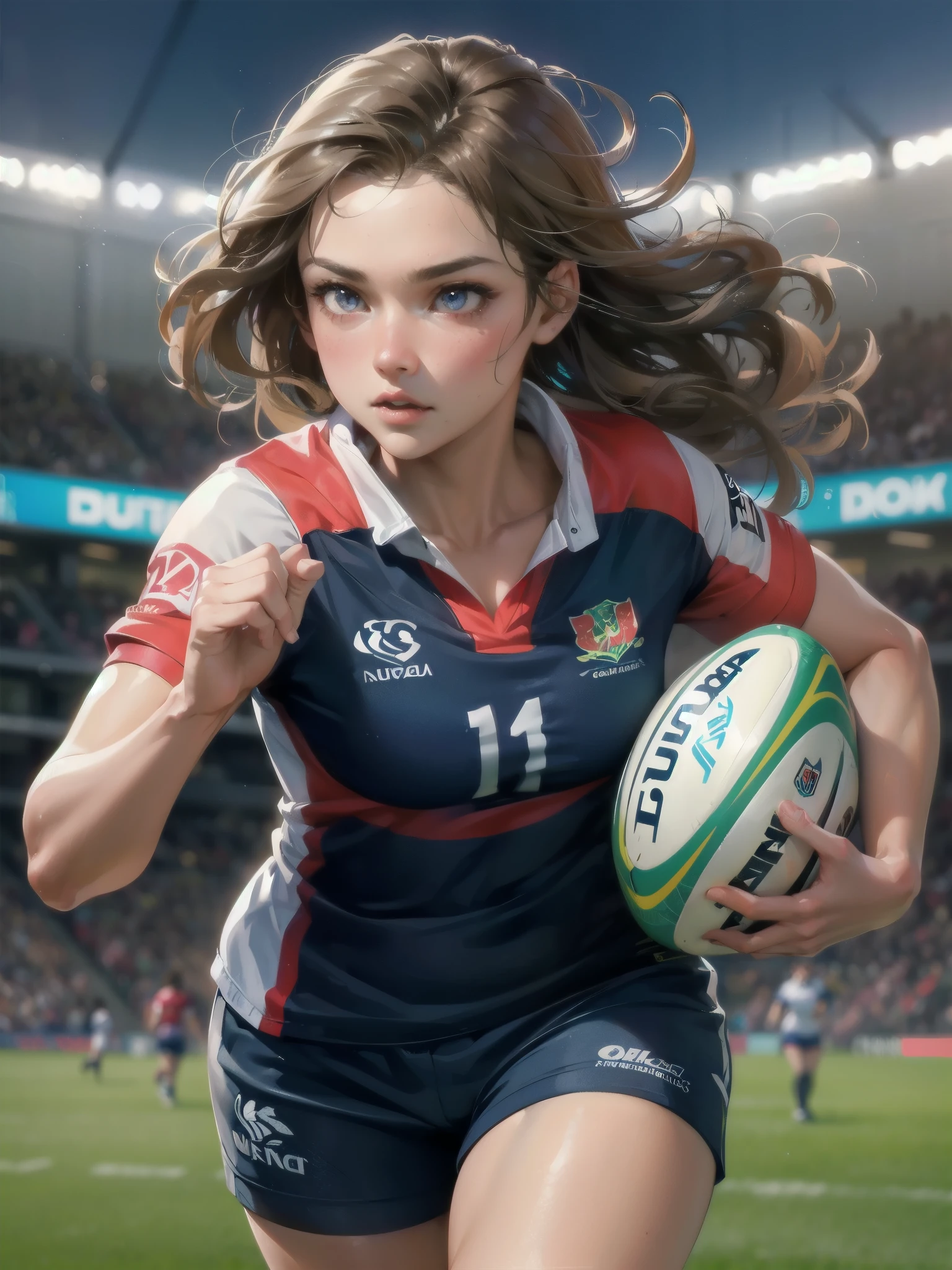 high quality,HD,16k,sharp lines,1 girl,Female rugby athlete ,cute face, large breasts, nice legs,At the rugby venue,focus girl,detailed beautiful face,detailed clothes,beautiful eyes,cool,dynamic angle