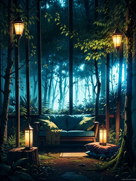 (masterpiece:1), (full anime view:1.5), (inside view of interior of a cozy stone cabin inside dense jungle:1.6), (fairylights:1....