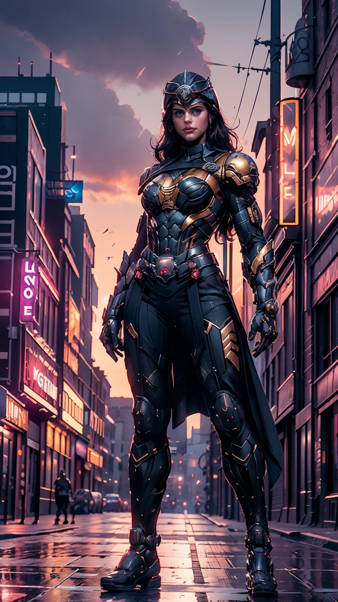 A woman adorned in fantasy-style full-body armor, a crown-concept fully enclosed helmet that unveils only her eyes, a composite layered chest plate, fully encompassing shoulder and hand guards, a lightweight waist armor, form-fitting shin guards, the overall design is heavy-duty yet flexible, ((the armor gleams with a blue glow, complemented by red and golden accents)), exhibiting a noble aura, she floats above the Futuristic city, this character embodies a finely crafted fantasy-surreal style armored hero in anime style, exquisite and mature manga art style, (Bat concept Armor, photorealistic:1.4, real texture material:1.2), ((city night view, European, Alexandra Daddario, elegant, goddess, femminine:1.5)), metallic, high definition, best quality, highres, ultra-detailed, ultra-fine painting, extremely delicate, professional, anatomically correct, symmetrical face, extremely detailed eyes and face, high quality eyes, creativity, RAW photo, UHD, 32k, Natural light, cinematic lighting, masterpiece-anatomy-perfect, masterpiece:1.5