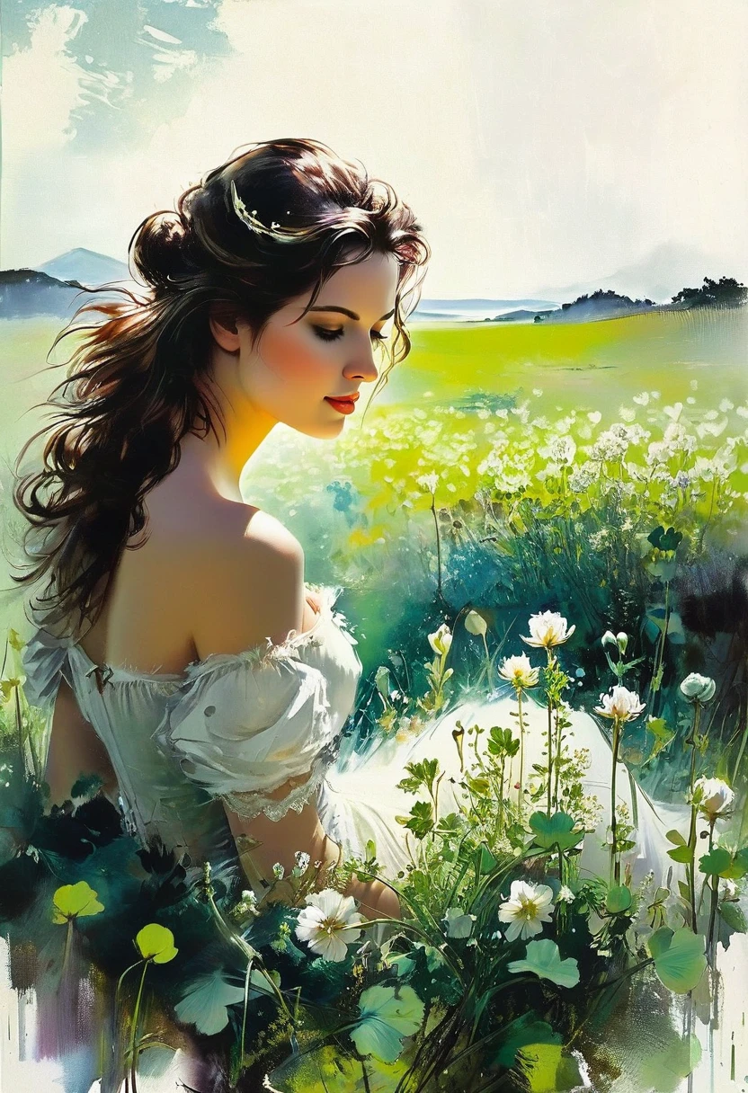 digital brushstrokes, a sense of depth and intrigue,
fluorescent skyline, neon natural landscape in the background,
1939, illustration of a woman in a flower meadow among clovers, romantic illustration, high resolution, Wimmelbilder, official art
style of Bastien Lecouffe-Degarme, Carne Griffiths, E. Abramzon, Raphael, Caravaggio,