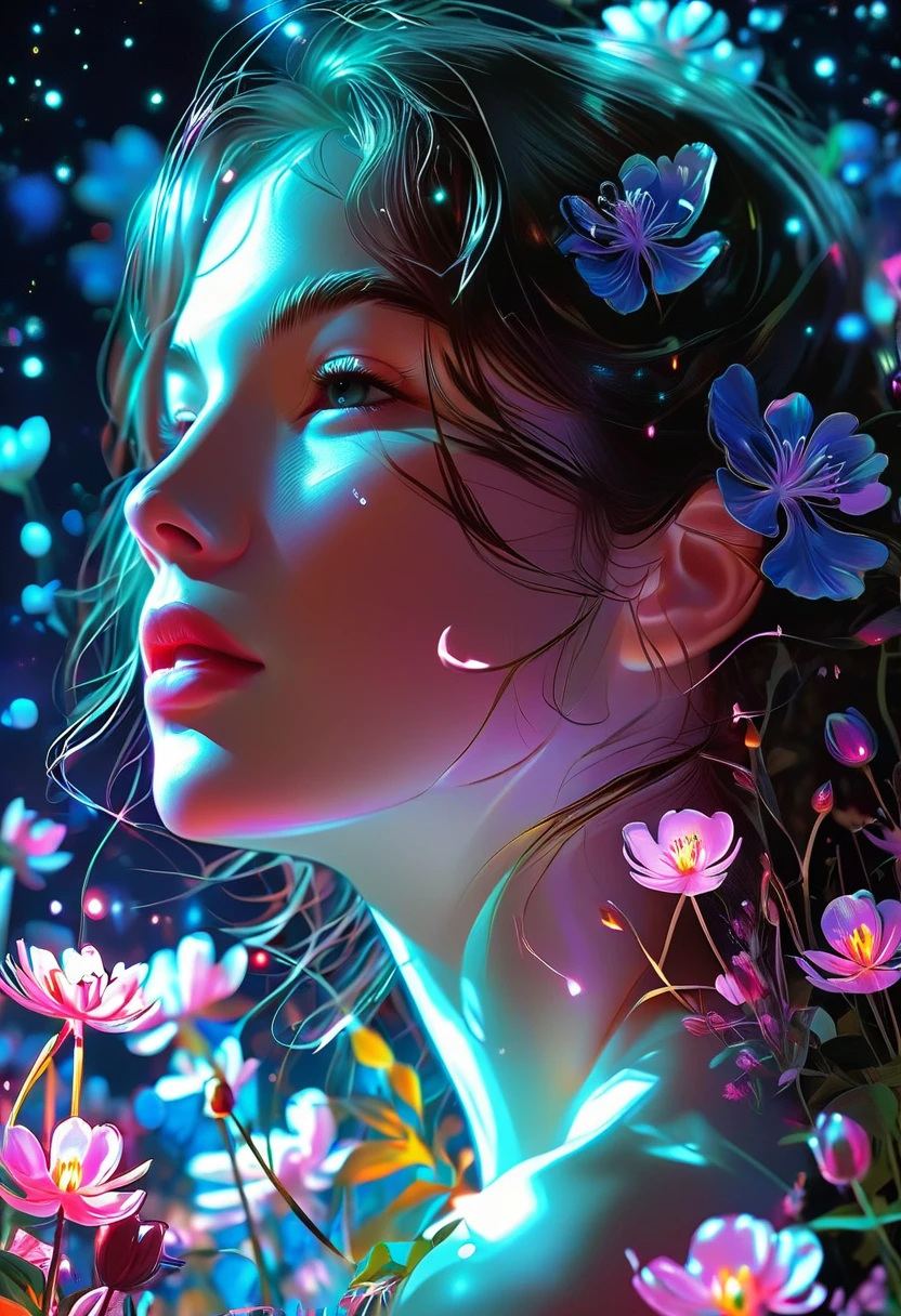 digital brushstrokes, a sense of depth and intrigue,
fluorescent skyline, neon natural landscape in the background,
1939, illustration of a woman in a flower meadow among clovers, romantic illustration, high resolution, Wimmelbilder, official art
style of Bastien Lecouffe-Degarme, Carne Griffiths, E. Abramzon, Raphael, Caravaggio,