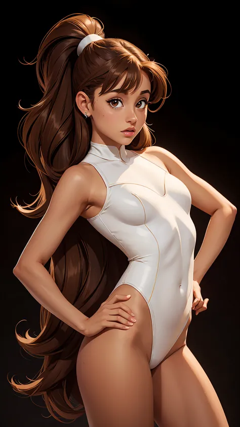 Ariana Grande, Long brown hair, light brown eyes, white leotard, black background, front View, looking camera, sexy pose