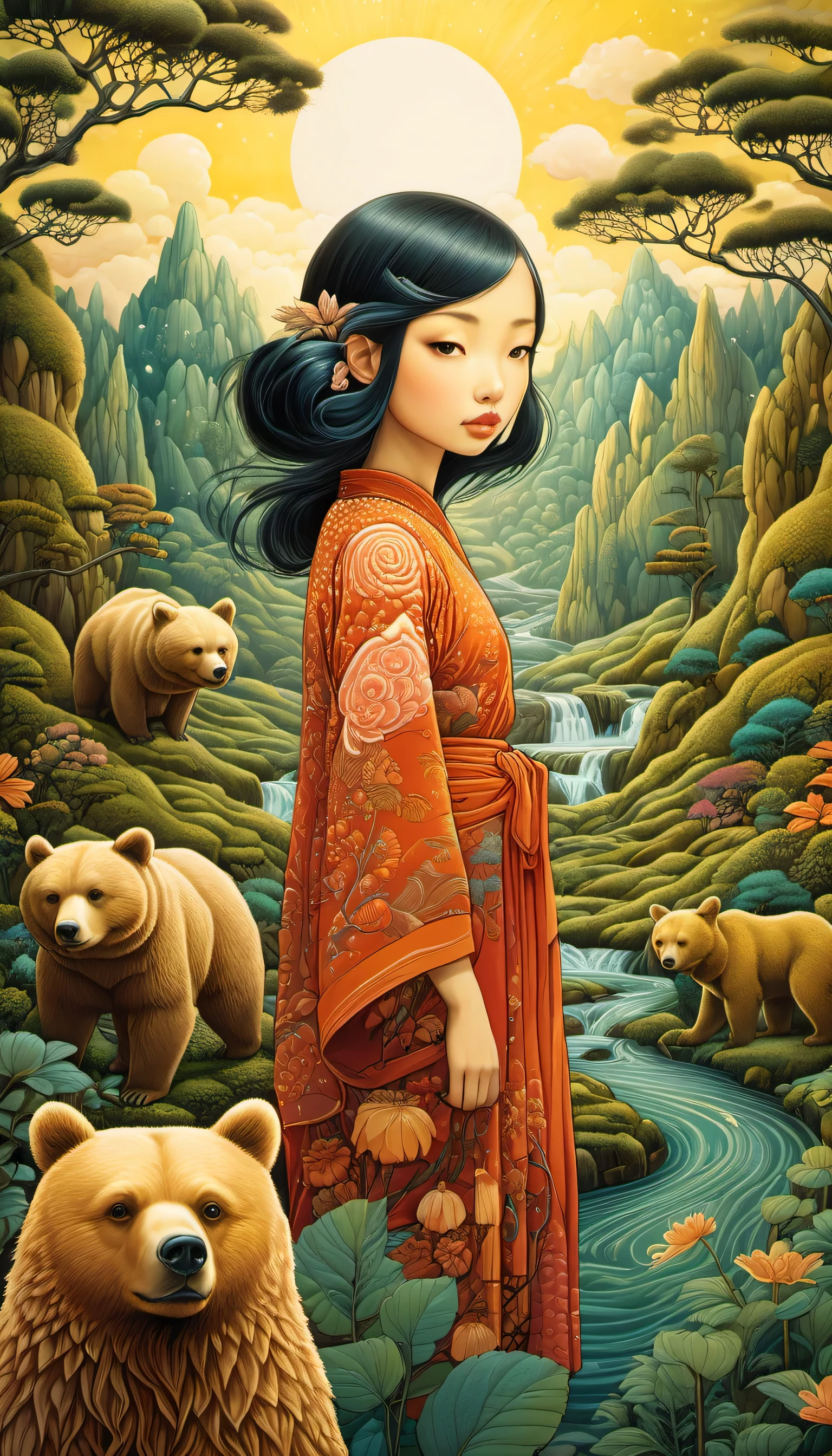 Magic mysterious fantastic landscape surreal girl and bear , Super detailed, James R.. ，draw beautiful digital illustrations， Written by Audrey Kawasaki, Written by Amy Sole, author：Naoto Hattori，Yayoi Kusama, ghibli studio，No Borders、detailed description、surrealism、masterpiece