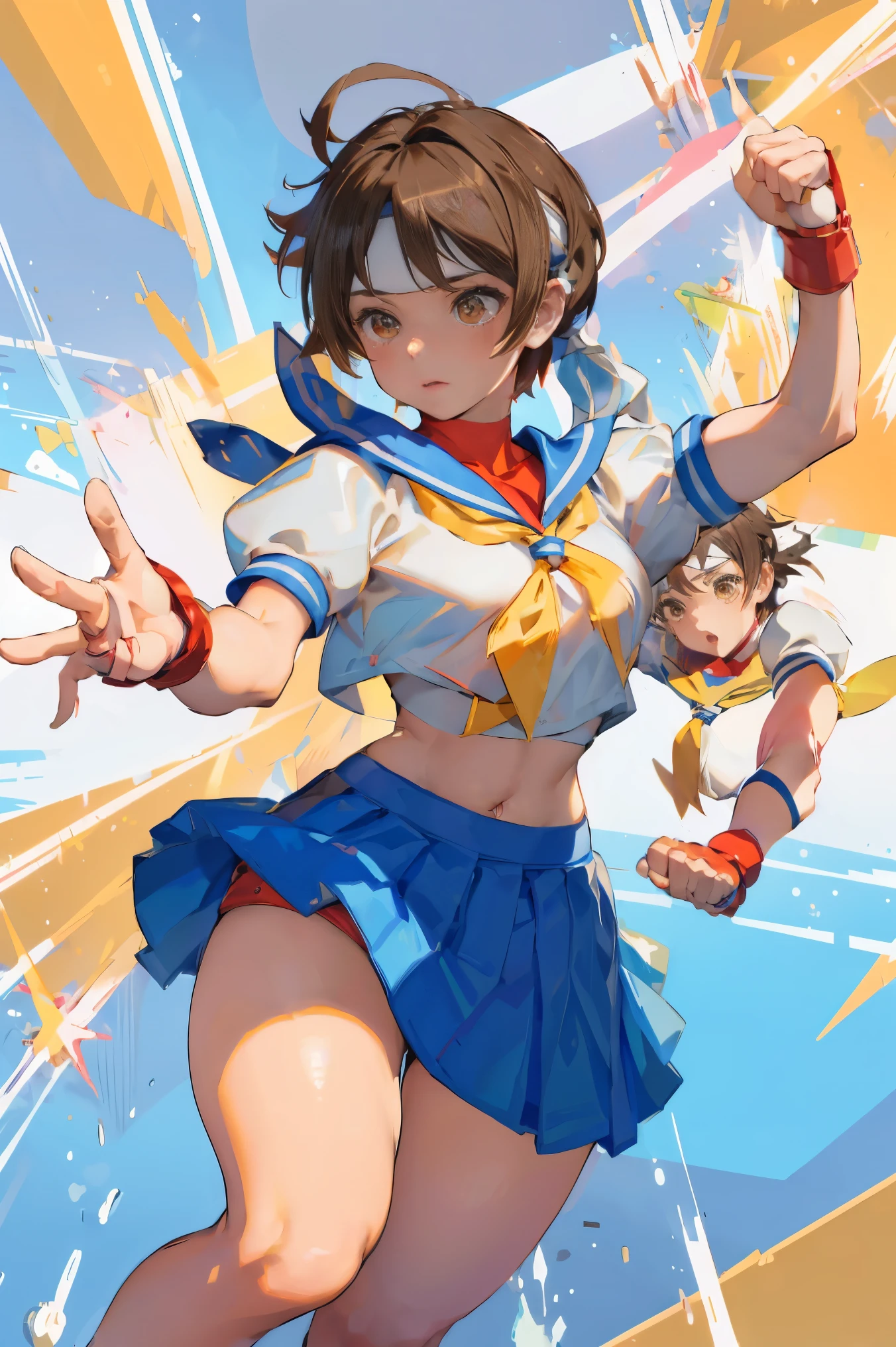 (masterpiece, best quality:1.1), 1girl solo,  kasugano sakura, brown eyes, brown hair, short hair, bangs, ahoge, headband, school uniform, puffy sleeves, crop top, yellow neckerchief, blue skirt, fingerless gloves, thighs, white socks, red footwear