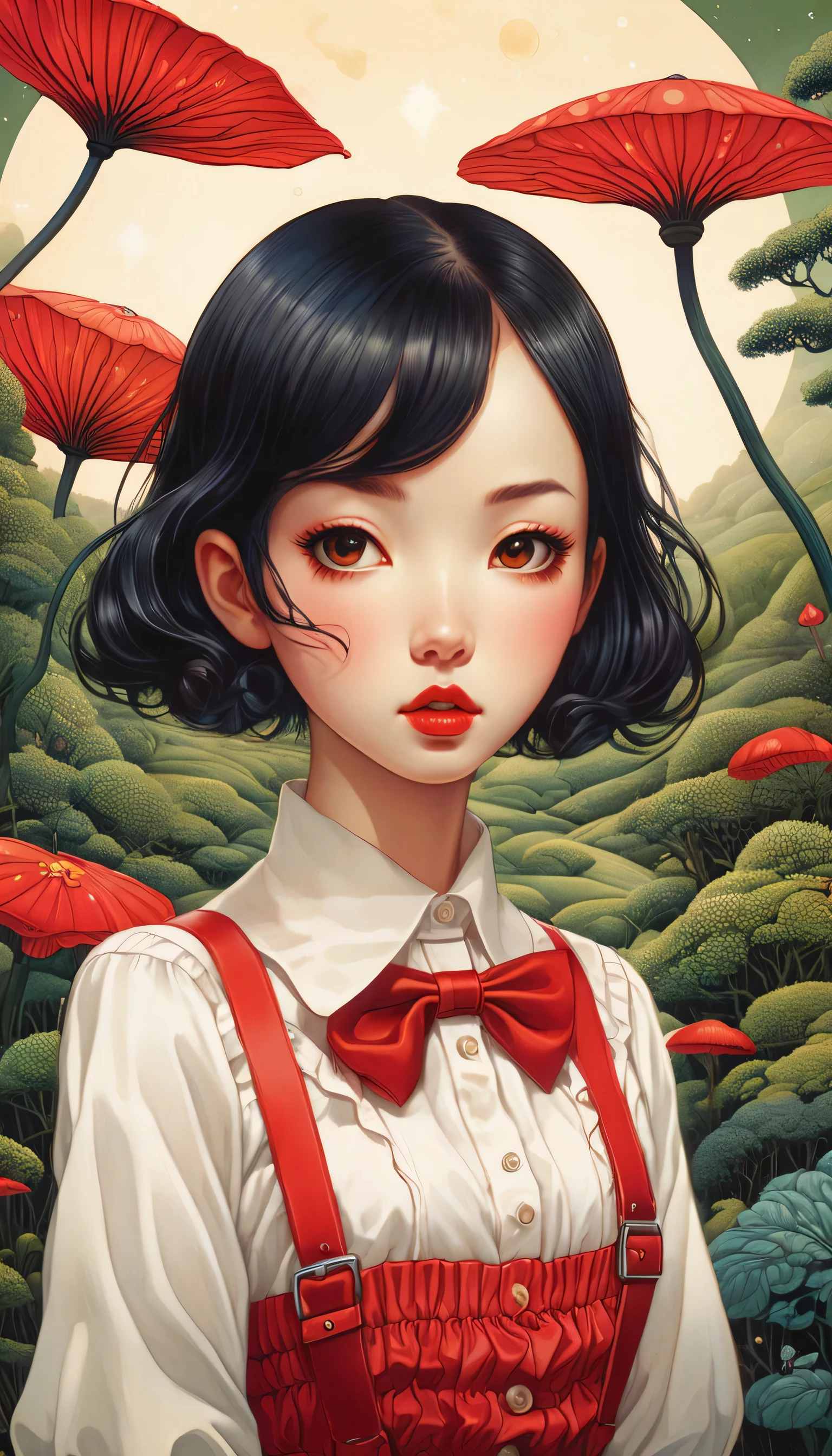 Magic mysterious fantastic landscape surreal bob girl ,white blouse、red frill skirt red suspenders、 Super detailed, James R.. ，draw beautiful digital illustrations， Written by Audrey Kawasaki, Written by Amy Sole, author：Naoto Hattori，Yayoi Kusama, ghibli studio，No Borders、detailed description、surrealism、masterpiece