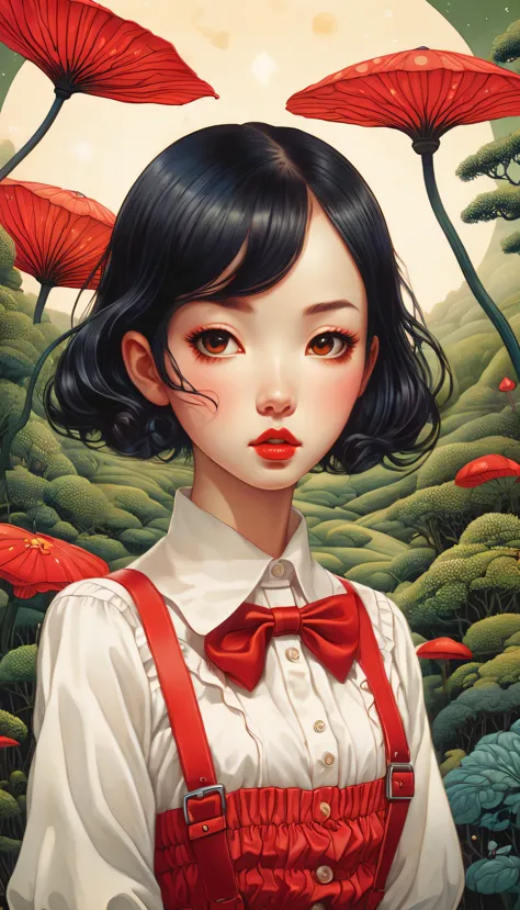 magic mysterious fantastic landscape surreal bob girl ,white blouse、red frill skirt red suspenders、 super detailed, james r.. ，d...