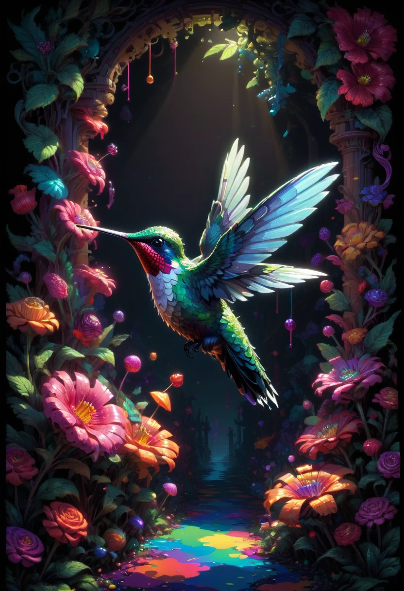 Pixel art, Hummingbird, shadow play, in candyland, dark fantasy concept art, (best quality, masterpiece, Representative work, official art, Professional, Ultra intricate detailed, 8k:1.3)