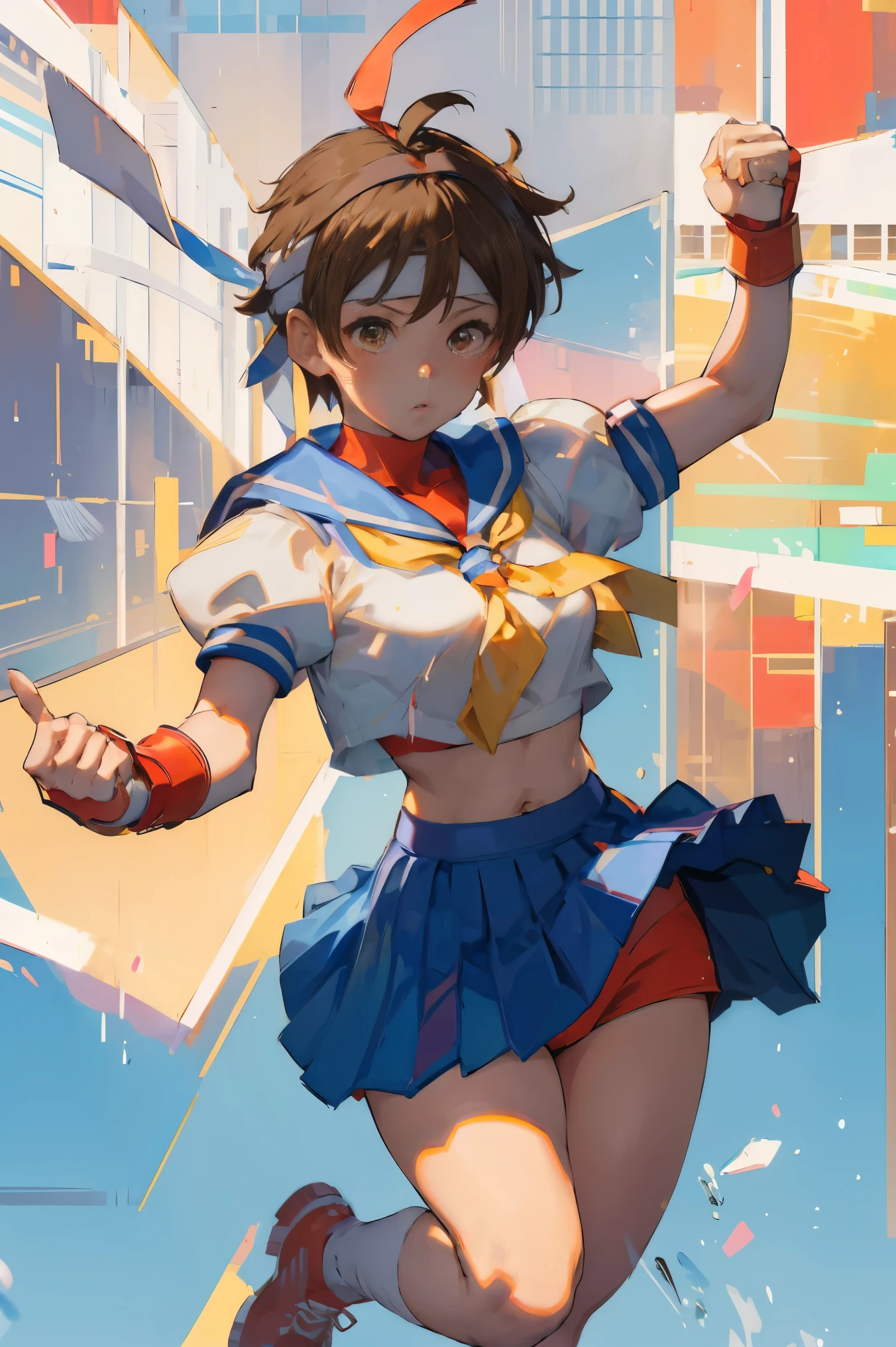 (masterpiece, best quality:1.1), 1girl solo,  kasugano sakura, brown eyes, brown hair, short hair, bangs, ahoge, headband, school uniform, puffy sleeves, crop top, yellow neckerchief, blue skirt, fingerless gloves, thighs, white socks, red footwear