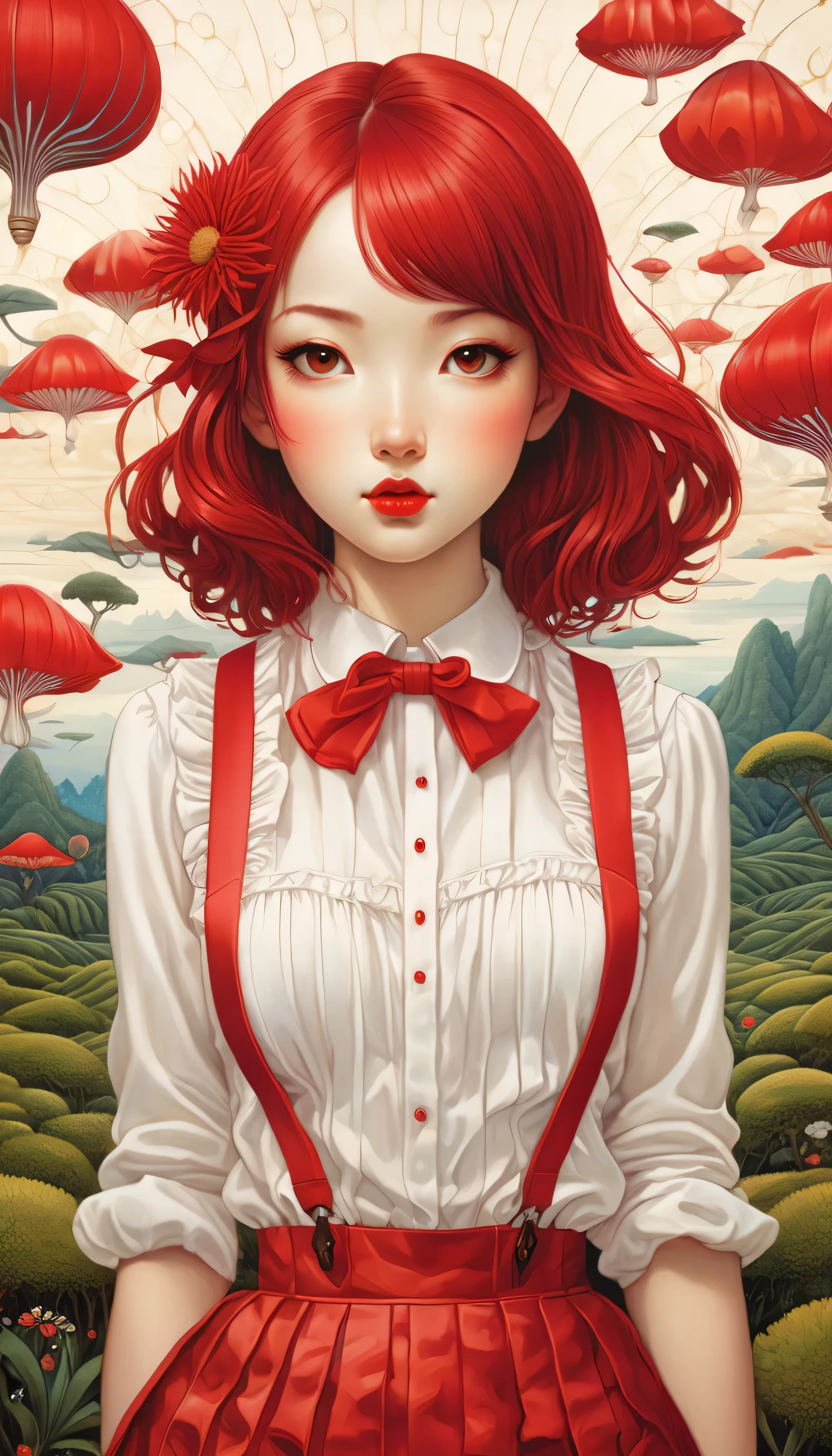 Magic mysterious fantastic landscape surreal bob girl ,white blouse、red frill skirt red suspenders、 Super detailed, James R.. ，draw beautiful digital illustrations， Written by Audrey Kawasaki, Written by Amy Sole, author：Naoto Hattori，Yayoi Kusama, ghibli studio，No Borders、detailed description、surrealism、masterpiece