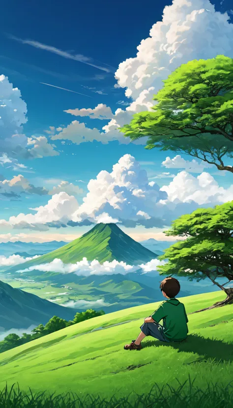 green grass mountain a boy sitting beside tree watching clouds high quality