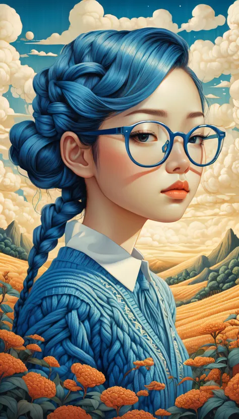 magic mysterious fantastic landscape surreal braid hairstyle girl ,blue sweater、white collar、i wear round glasses、are crying、 su...