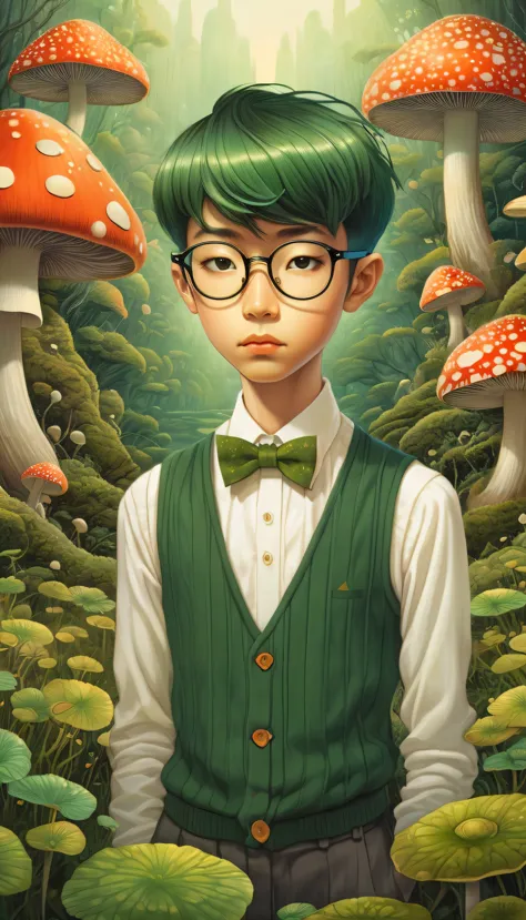 magic mysterious fantastic landscape surreal mushroom hair boy ,dark green sleeveless sweater、white shirt、a bow tie、wears strong...