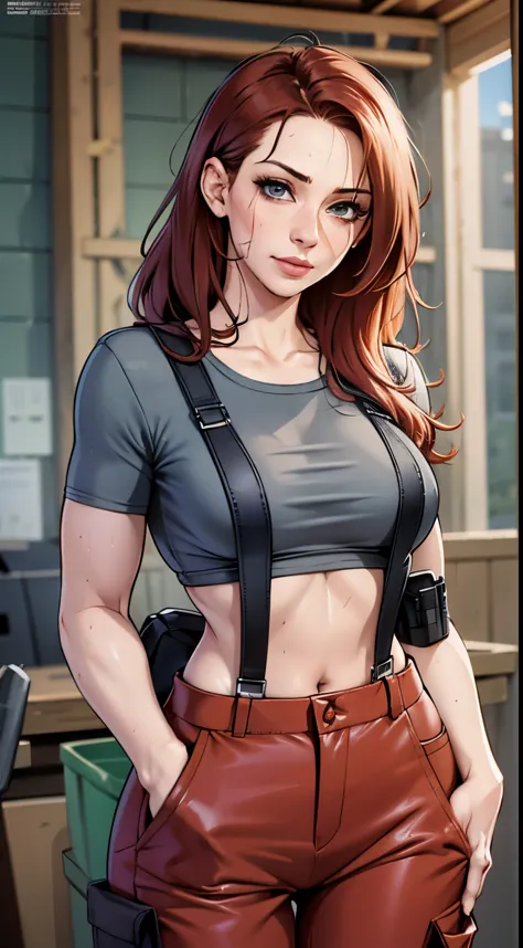 (detailed), beautiful woman, dark red hair, pale skin, wearing loose [black:dark blue:0.5] baggy racing cargo pants full [jumpsu...