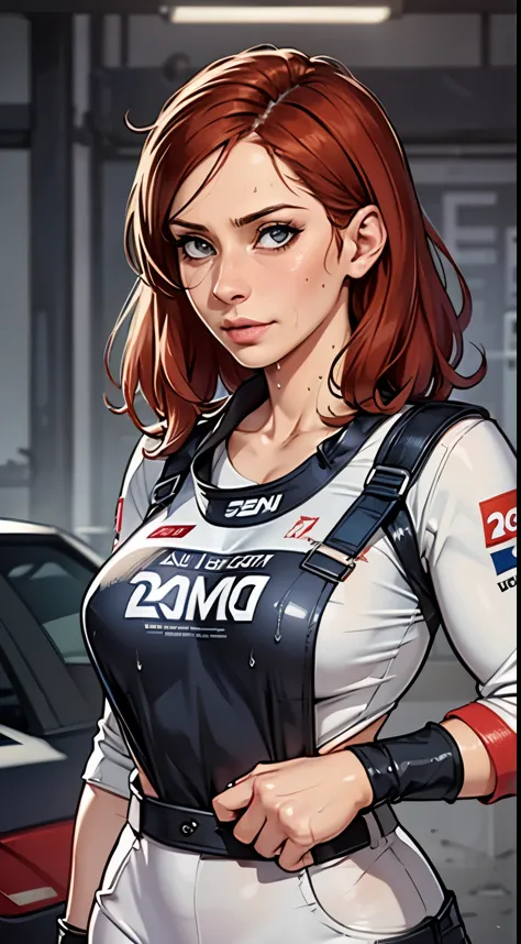 (detailed), beautiful woman, dark red hair, pale skin, wearing loose [black:dark blue:0.5] baggy racing cargo pants full [jumpsu...