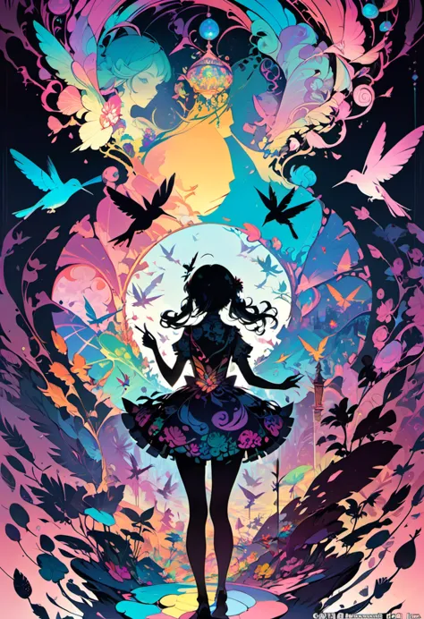 Multiple exposure of girl Silhouette, Hummingbird in candyland, fantasy concept art, shadow play, (best quality, masterpiece, Re...