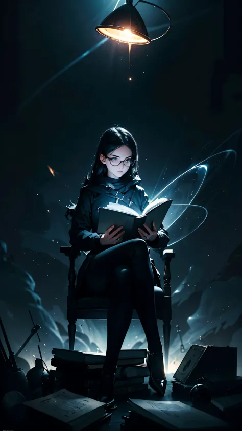 woman, sitting on a book, mathematical formulas, one pair of glasses, holding a fire rule, HD lighting and dark )<=(epic image q...