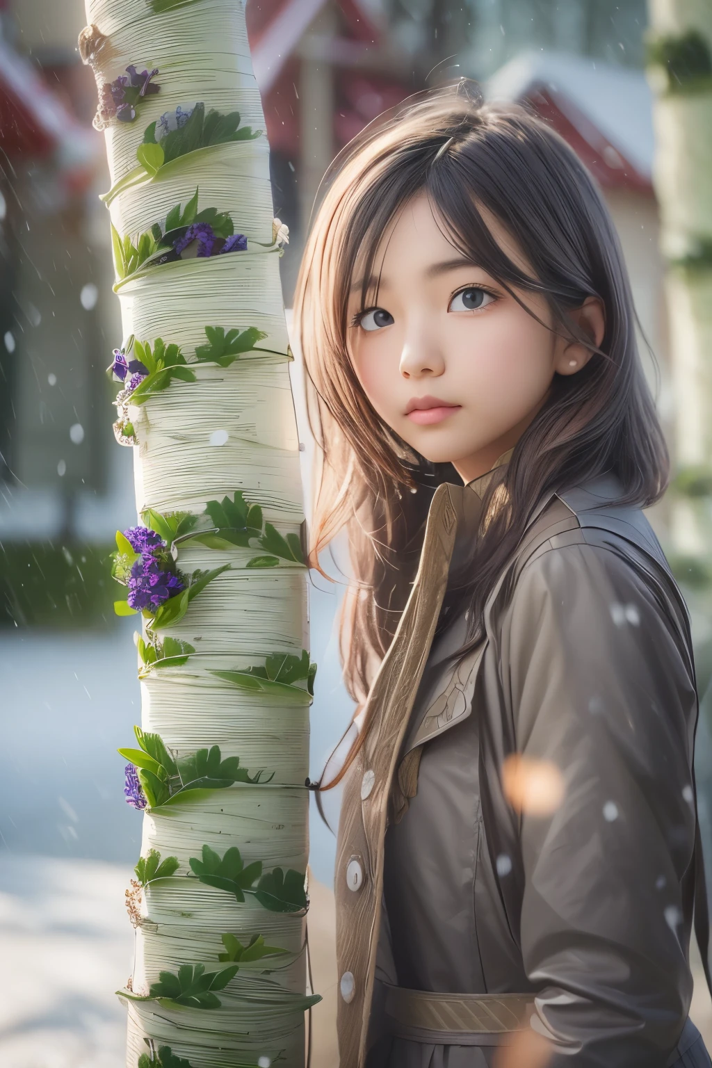 ((sfw: 1.4)), (sfw, birches with snow, old house, sun in the background, 1 girl)), ultra high resolution, (realistic: 1.4), RAW photo, highest quality, (photorealistic stick), focus, soft light, ((15 years old)), ((Japanese)), (((young face))), (surface), (depth of field), masterpiece, (photorealistic), woman , bangs, ((1 girl))