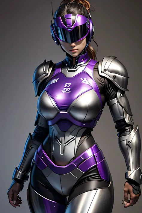 female robocop solo、armor that completely covers the whole body、very large armor、helmet to hide eyes、metallic purple armor、armor...