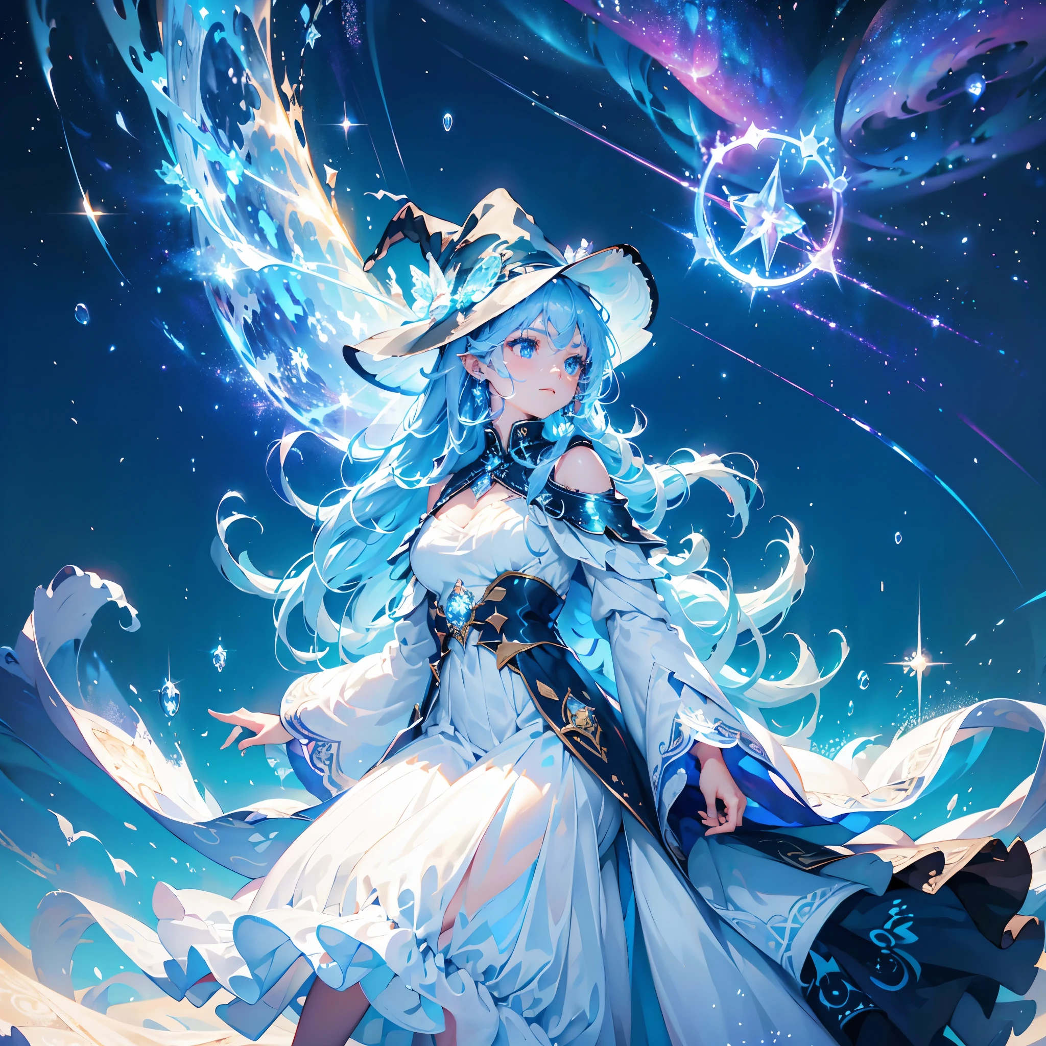 best quality，masterpiece，16k，1girl,aurora,blue eyes,blue hair,constellation,constellation print,diffraction spikes,dress,earrings,earth \(planet\),fireworks,galaxy,glint,hat,jewelry,light particles,light rays,light trail,long hair,Energy circle,Magic Formation,Concentric circle,long sleeves,magic,magic circle,milky way,night,night sky,planet,shooting star,sky,solo,space,sparkle,sparkle background,star \(sky\),star \(symbol\),starry background,starry sky,starry sky print,very long hair,wings