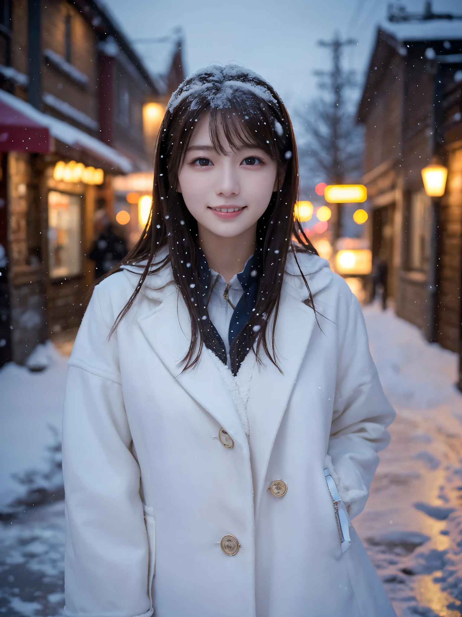 1 girl, (wear a platinum coat:1.2), (RAW photo, highest quality), (realistic, Photoreal:1.4), table top, very delicate and beautiful, very detailed, 2k wallpaper, wonderful, finely, very detailed CG Unity 8K 壁紙, super detailed, High resolution, soft light, beautiful detailed girl, very detailed目と顔, beautifully detailed nose, detailed and beautiful eyes, cinematic lighting, Illuminations coloring the city on a snowy night, snow scene, It&#39;s snowing, snow in my hair, perfect anatomy, slender body, taut, 
straight semi-long hair, bangs, looking at the viewer, slight smile