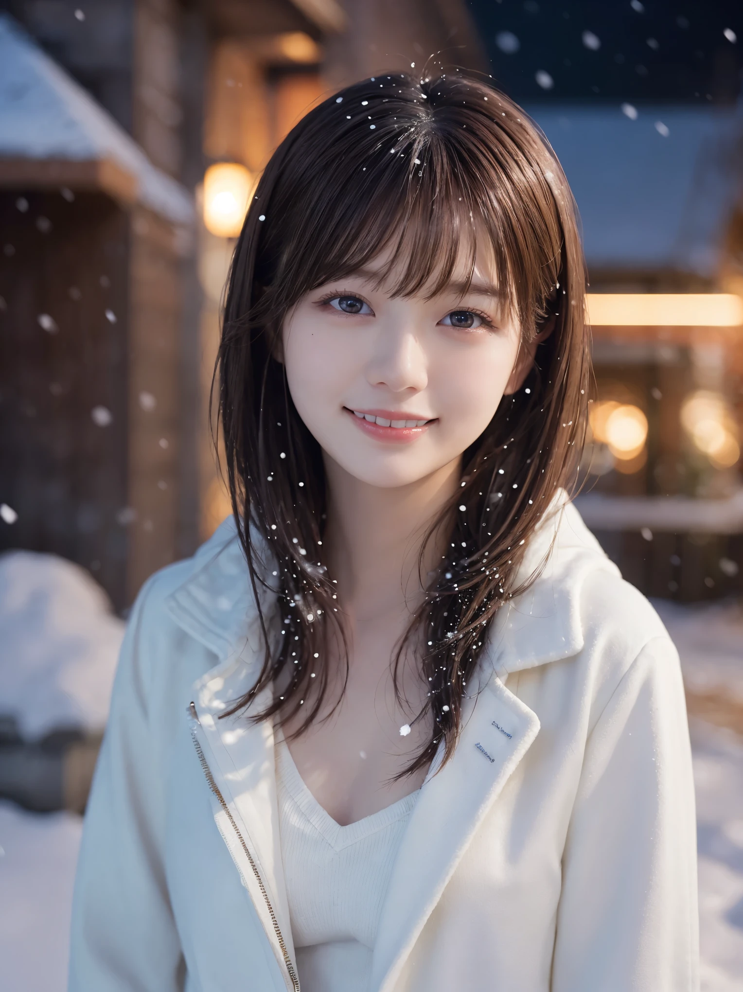 1 girl, (wear a platinum coat:1.2), (RAW photo, highest quality), (realistic, Photoreal:1.4), table top, very delicate and beautiful, very detailed, 2k wallpaper, wonderful, finely, very detailed CG Unity 8K 壁紙, super detailed, High resolution, soft light, beautiful detailed girl, very detailed目と顔, beautifully detailed nose, detailed and beautiful eyes, cinematic lighting, Illuminations coloring the city on a snowy night, snow scene, It&#39;s snowing, snow in my hair, perfect anatomy, slender body, taut, 
straight semi-long hair, bangs, looking at the viewer, slight smile