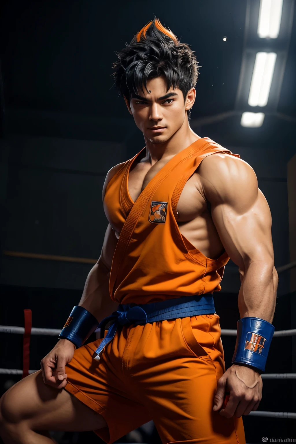 ((Obra maestra)), ((Mejor calidad:1.2)), alta resolución, 8K, (ultra_realista:1.3), (photorealista:1.4), (plantilla de instagram, elegante:1.2), Goku tiene cabello negro y puntiagudo que se levanta hacia arriba en varios picos, un rostro ovalado con ojos grandes y rasgados de color negro, Delgado, cejas negras que a menudo se levantan en una expresión de determinación o entusiasmo, una nariz pequeña y una boca que generalmente se curva en una sonrisa segura, Tiene un cuerpo musculoso y atlético debido a su constante entrenamiento y las batallas que ha enfrentado.., aunque no es excesivamente voluminoso y tiene una figura ágil y flexible, Usualmente viste un uniforme de artes marciales naranja y azul, vistiendo un gi naranja con detalles azules y un cinturón negro, una camiseta ajustada de color azul oscuro debajo del gi, botas de combate blancas y una cola de mono que sobresale de su parte trasera. Además, lleva accesorios como botas de combate y una diadema roja, Goku suele mantener una postura relajada y confiada, pero se vuelve más íntegro y enérgico cuando lucha o enfrenta un desafío., Sus gestos son expresivos y reflejan su personalidad apasionada y valiente.