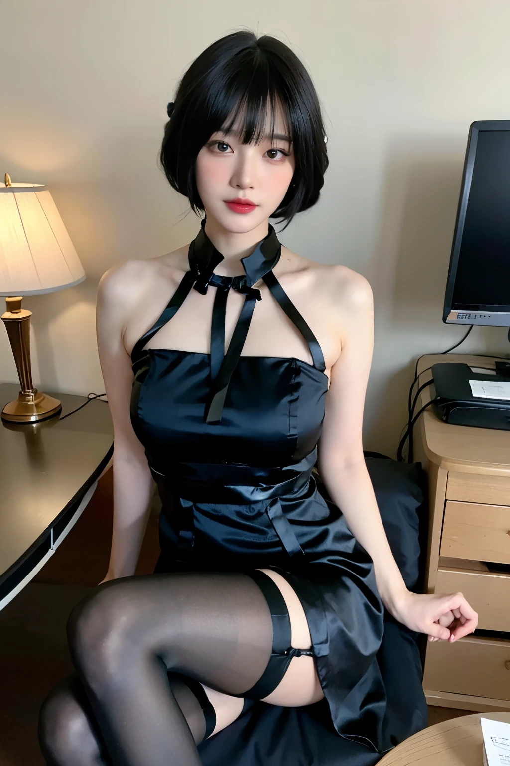 (Elite secretary in light lingerie), sit on chair，working in office、 (wear pantyhose)、(short layer hair)、legs crossed, Wear high-end high heels、 (stockings and skirt), shirt secretary, merchant,  wear a shirt and skirt, Professional attire, business attire, original photo, (8k、top quality、masterpiece:1.2)、(intricate details:1.4)、(Realism:1.4)、Octane number renderings、Complex 3D renderings with ultra-details,  Vibrant details, Super details, Realistic skin texture, Detailed production, beautiful details eyes, Very detailed CG Unity 16k wallpaper, Makeup - Makeup, (Detailed background:1.2), shiny skin、bare on thighs!!!,