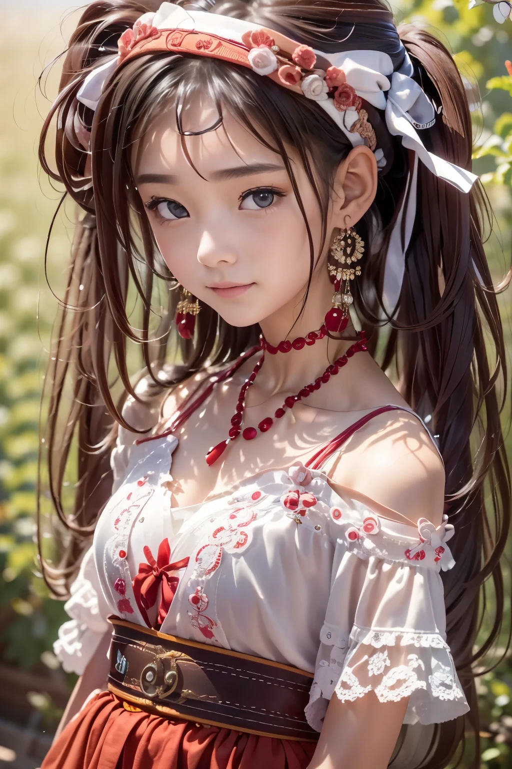 ((sfw: 1.4)), (sfw,She wears a long white embroidered skirt, a red blouse with lace, a white apron tied around her waist, red socks, and brown leather shoes. A red scarf is on her head. Her accessories include necklaces, earrings, and bracelets, 1 girl)), ultra high resolution, (realistic: 1.4), RAW photo, highest quality, (photorealistic stick), focus, soft light, ((15 years old)), ((Japanese)), (((young face))), (surface), (depth of field), masterpiece, (photorealistic), woman , bangs, ((1 girl))