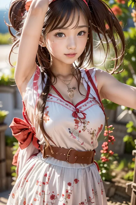((sfw: 1.4)), (sfw,She wears a long white embroidered skirt, a red blouse with lace, a white apron tied around her waist, red so...
