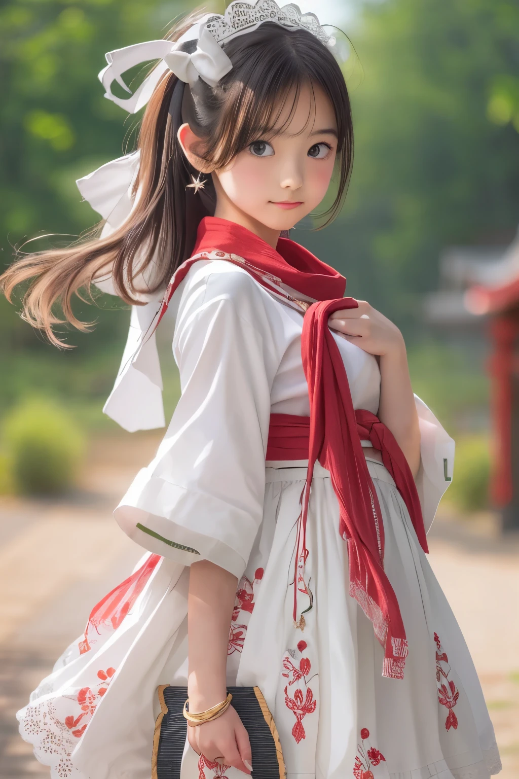 ((sfw: 1.4)), (sfw,She wears a long white embroidered skirt, a red blouse with lace, a white apron tied around her waist, red socks, and brown leather shoes. A red scarf is on her head. Her accessories include necklaces, earrings, and bracelets, 1 girl)), ultra high resolution, (realistic: 1.4), RAW photo, highest quality, (photorealistic stick), focus, soft light, ((15 years old)), ((Japanese)), (((young face))), (surface), (depth of field), masterpiece, (photorealistic), woman , bangs, ((1 girl))