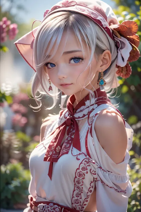 ((sfw: 1.4)), (sfw,She is wearing a long white embroidered skirt, a red blouse with lace, a white apron tied around her waist, b...