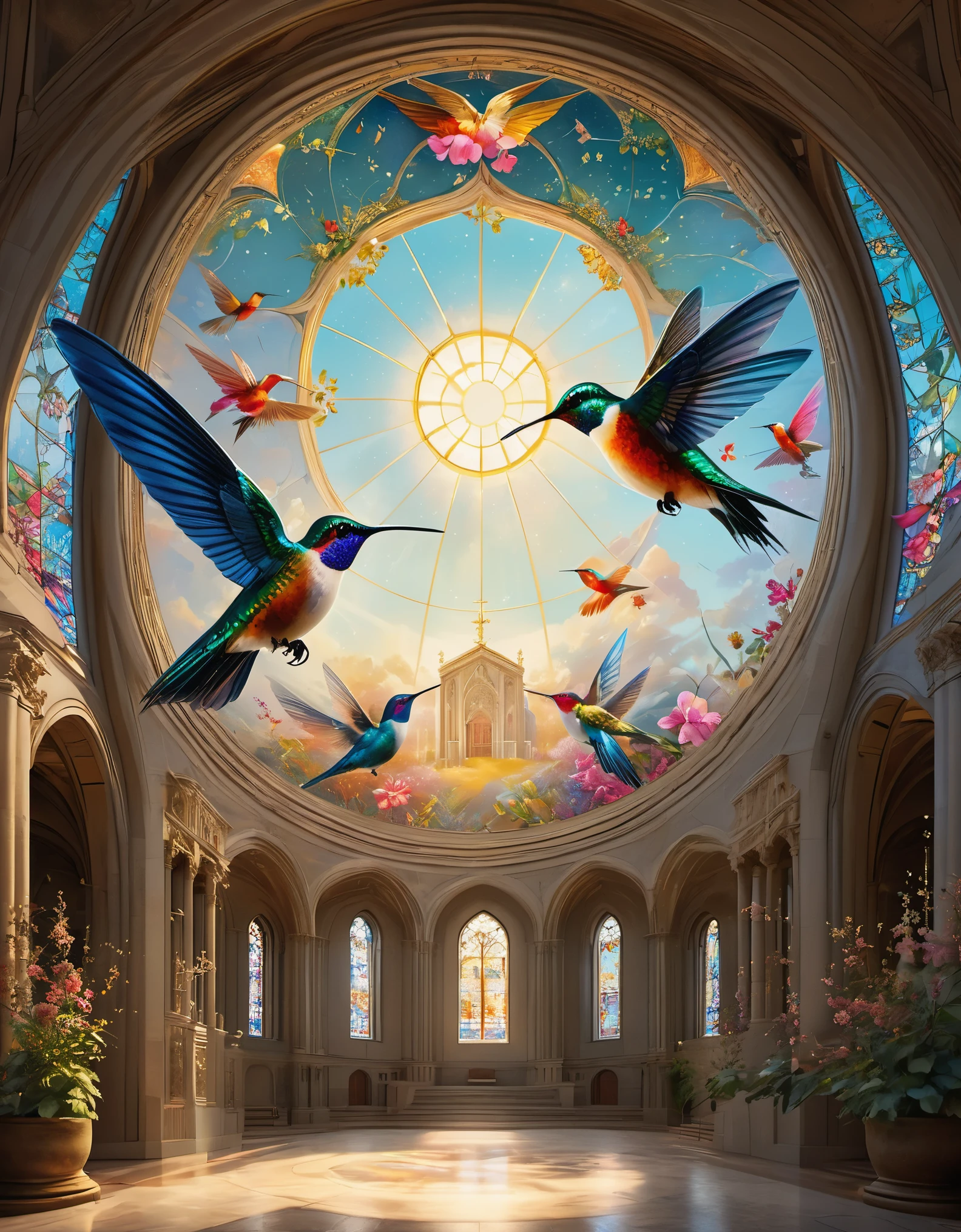 fresco art style of Beautiful hummingbirds on the glass of the dome of a magnificent church,a beautiful painting by Louis Comfort Tiffany,Fantastic Realism,Enchanting Atmosphere,Unreal engine,octane render,rendered in octane,Corona Render,V-Ray,high detail,trending on artstation,hyperrealism,HD,16K,Kawaii,tilt-shift,Bottom view,dramatic lighting