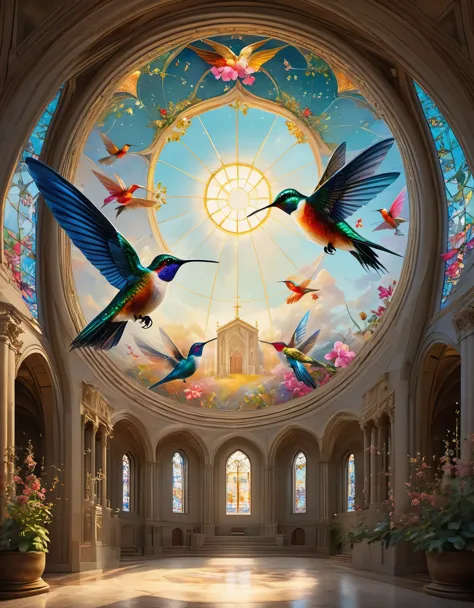 fresco art style of Beautiful hummingbirds on the glass of the dome of a magnificent church,a beautiful painting by Louis Comfor...