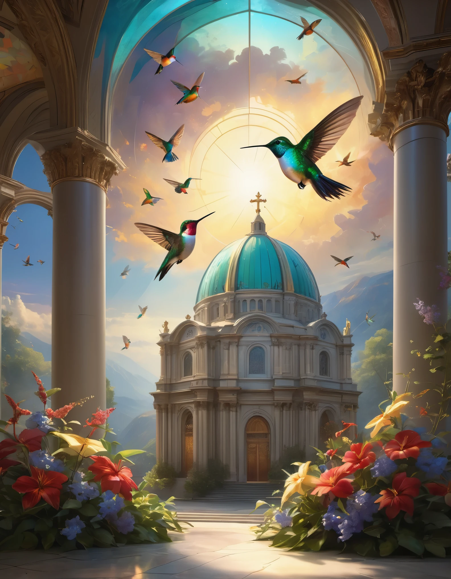 fresco art style of Beautiful hummingbirds on the glass of the dome of a magnificent church,a beautiful painting by Louis Comfort Tiffany,Fantastic Realism,Enchanting Atmosphere,Unreal engine,octane render,rendered in octane,Corona Render,V-Ray,high detail,trending on artstation,hyperrealism,HD,16K,Kawaii,tilt-shift,Bottom view,dramatic lighting