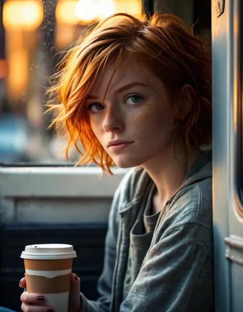 cinematic photorealistic picture of a beautiful short ginger hairstyle homeless girl, sitting inside her opening door van home w...