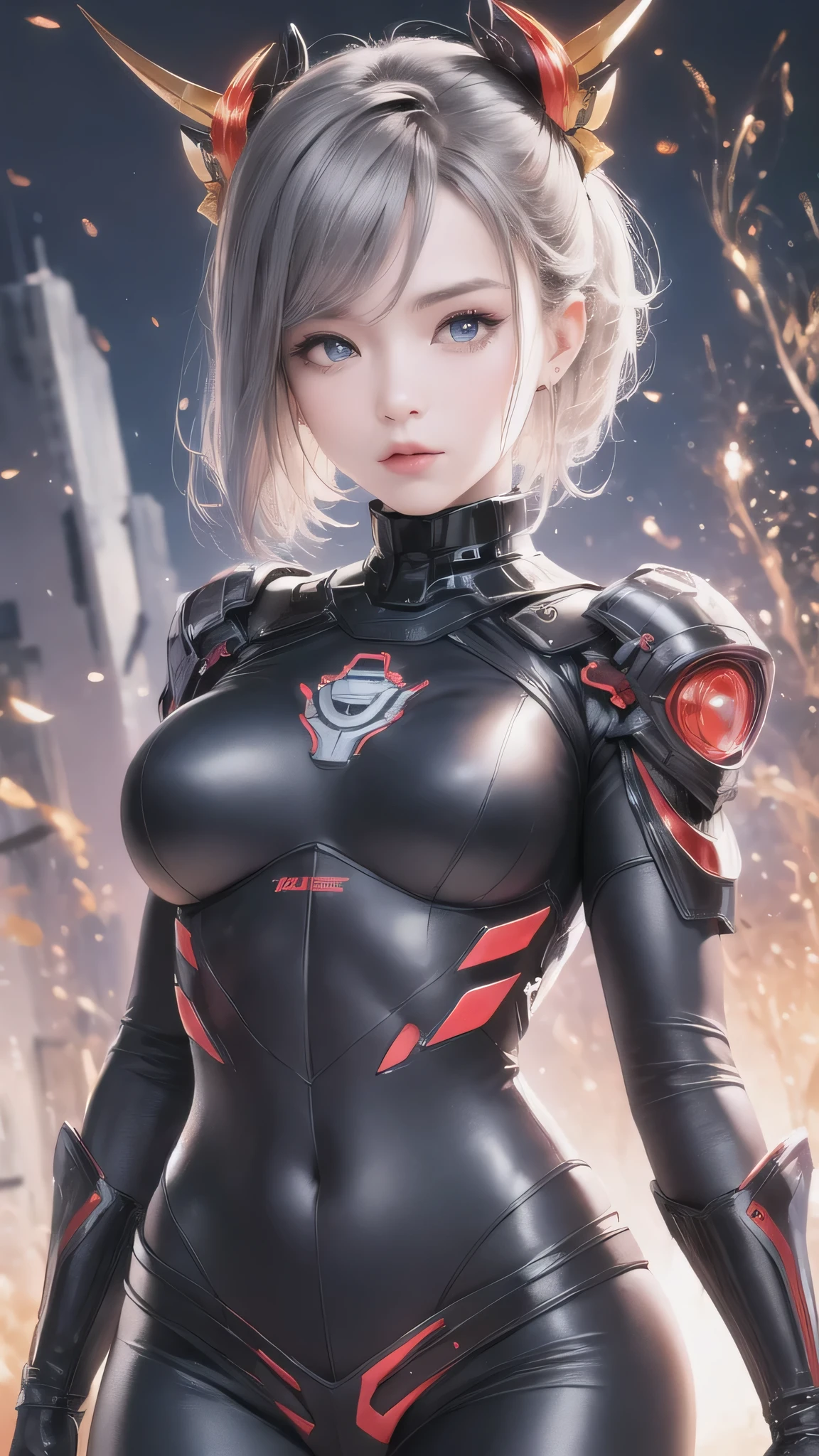 (Close-up:1.4)、(RAW photo:1.2)、(photorealistic:1.4)、(masterpiece:1.3)、(highest quality:1.4)、(Beautiful woman with perfect body:1.4)、A woman stands in front of a group of robots、beautiful android woman、beautiful female soldier、girl in a suit、complex combat uniform、beautiful young Japanese woman、Highly detailed face and skin texture、detailed big eyes、double eyelid、cute face、(short bob:1.2)、(huge breasts)、(full body shot)、cowboy shot、(angry expression:1.2)、Storm and epic war scene、cyberpunk scene、night time、illumination、plug suit、combat uniform damage、