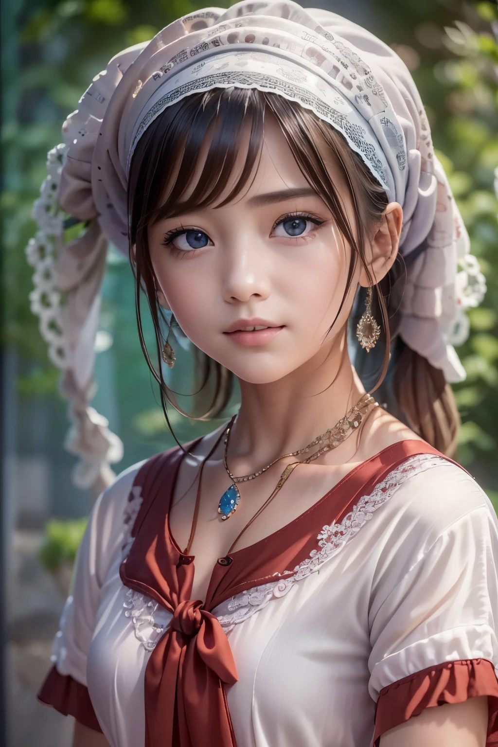 ((sfw: 1.4)), (sfw,She is wearing a long white embroidered skirt, a red blouse with lace, a white apron tied around her waist, blue socks, and brown leather shoes.A blue scarf is on her head. Yes, her accessories include necklaces, earrings, and bracelets. 1 Girl)), Ultra High Resolution, (Realistic: 1.4), RAW Photo, Best Quality, (Photorealistic Stick), Focus, Soft Light, ((15 years old)), (( (young face))), (surface), (depth of field), masterpiece, (realistic), woman, bangs, ((1 girl))