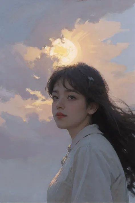 movie stills, cloud girl, floating in the sky, (close up:1.1), bright, happy, pleasure, Warm and soft lighting, Sunset, spark