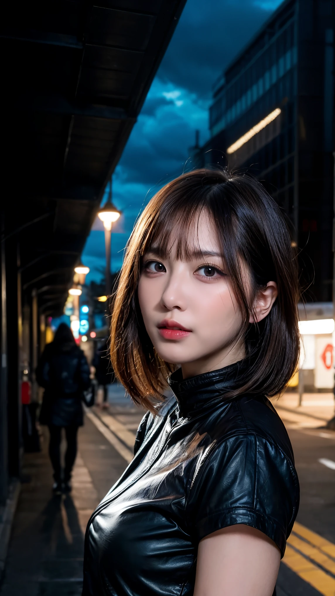 1 Japanese girl, warframe, complex pattern, heavy metal, energy line, faceless, shining eyes, elegant, intense, blood red and black uniform, bob cut hair、Alone, modern, city, street, dark clouds, thunderstorm, heavy rain,, dramatic lighting,, (masterpiece:1.2), highest quality, High resolution,   beautiful, very detailed, perfect lighting, kill、Infiltration、assassination、