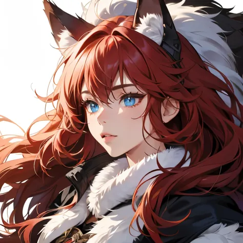 (SFW)A beautiful furry wolf, Wearing Nordic warrior costume,red long curly hair,wolf ears,blue eyes, thin lips, round face, plum...